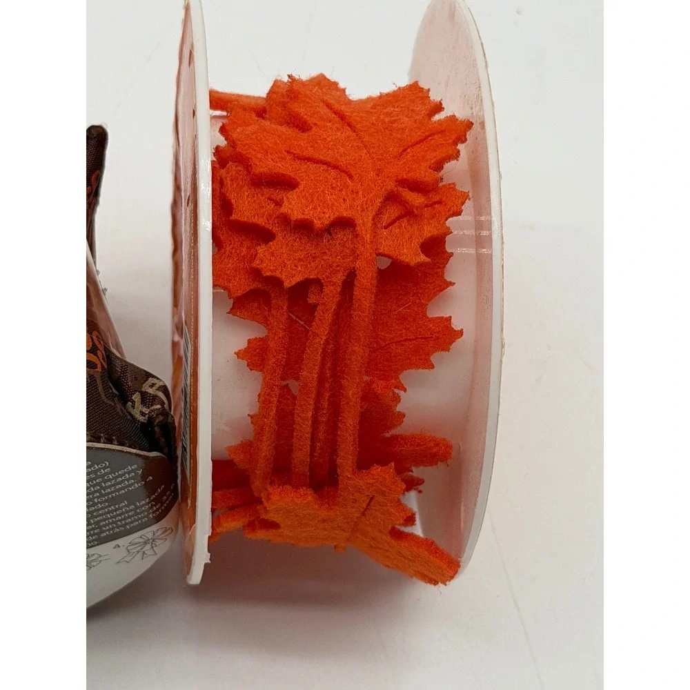 Harvest Thanksgiving Craft Ribbon Set Brown Typography & Orange Felt Leaf 2pk